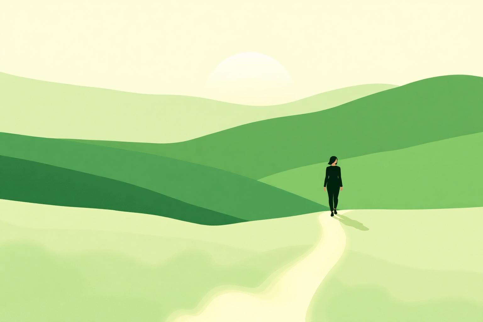 Person walking a path through peaceful hills toward a sunrise